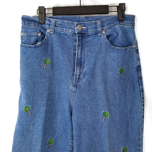 Quacker Factory Crop Blue Denim Jeans Palm Trees Embroidered High Waist Size 12 - Picture 2 of 8